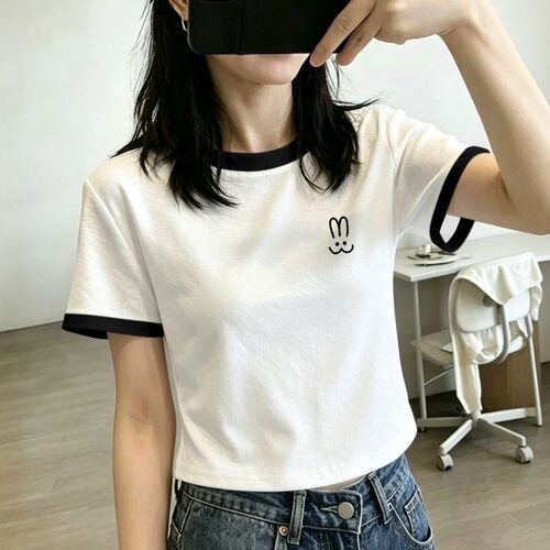 正肩高腰直筒短袖T恤女2026夏季新款微胖小个子短款上衣卡腰小衫