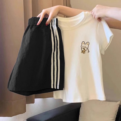 夏季宽松休闲运动套装女新款中学生纯棉短袖短裤跑步两件套家居服