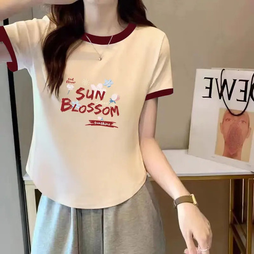 夏季新款甜美纯棉T恤女短袖显瘦上衣ins正肩小众不规则圆弧形衣服