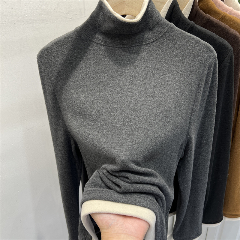 假两件加绒加厚德绒拼接高领别致灰色打底衫2025秋冬季新款上衣女