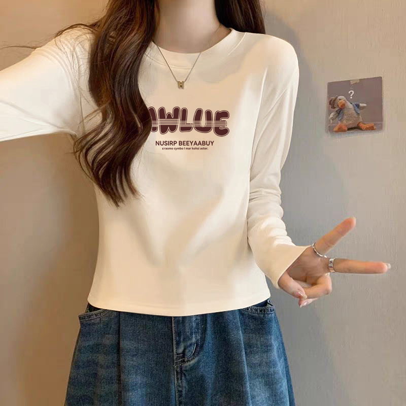 高档正肩短款长袖上衣女春秋新款薄款纯棉打底衫修身显瘦秋冬内搭