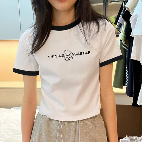 法式小个子短款正肩上衣女2026新款夏季薄款纯棉短袖t恤女显瘦ins