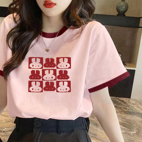 小众别致拼接红粉色上衣2026夏季新款纯棉短袖t恤女宽松洋气体恤
