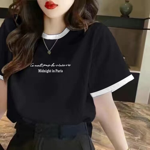 小众黑白拼接纯棉短袖t恤女2026夏季新款休闲宽松百搭上衣别致ins