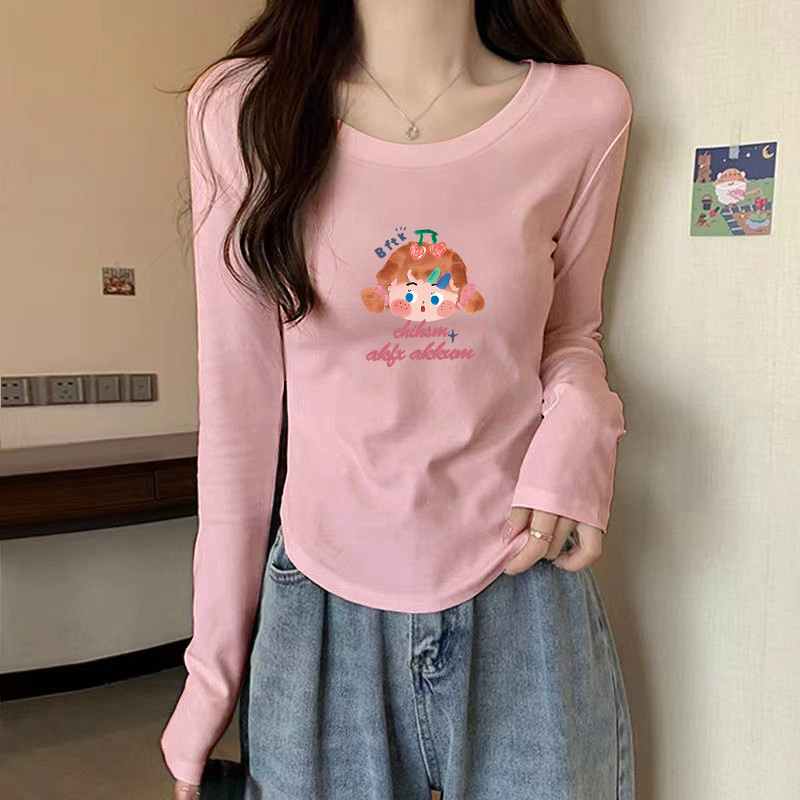纯棉打底内搭春秋小个子粉色长袖T恤女微胖修身显瘦正肩短款上衣图片