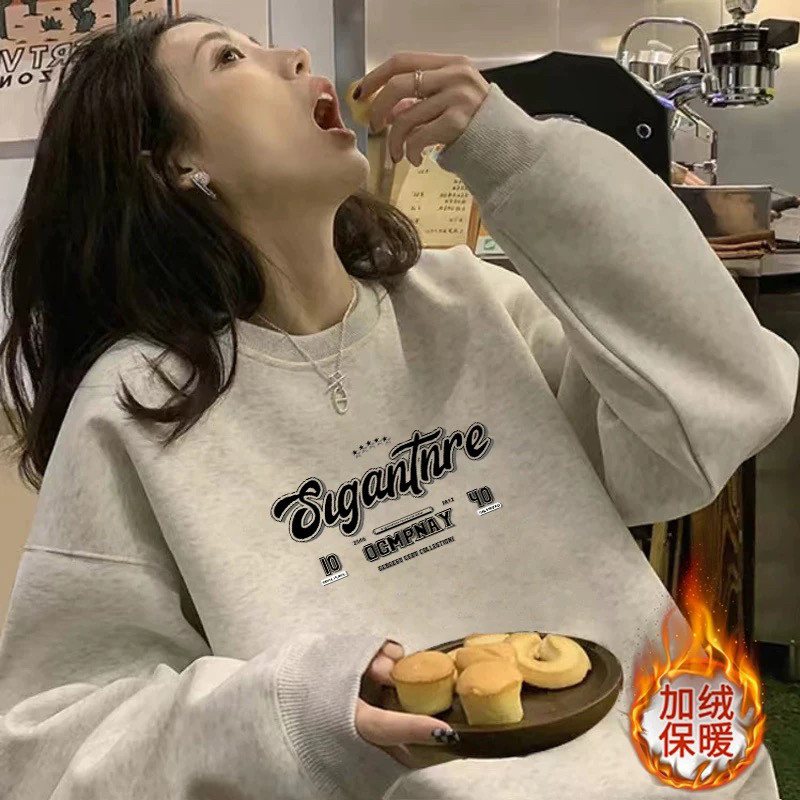 学院风宽松遮屁股卫衣女秋冬加绒加厚简约字母印花卫衣慵懒风外套
