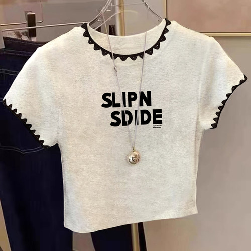 高档正肩短款灰色短袖t恤女2026新款夏季高腰小个子上衣花边撞色