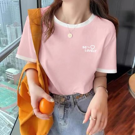 粉色设计感小众上衣纯棉短袖t恤女2025夏季新款宽松大码显瘦小衫
