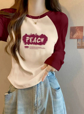 红色插肩袖长袖T恤女小个子短款不规则弧形上衣春秋冬内搭打底衫