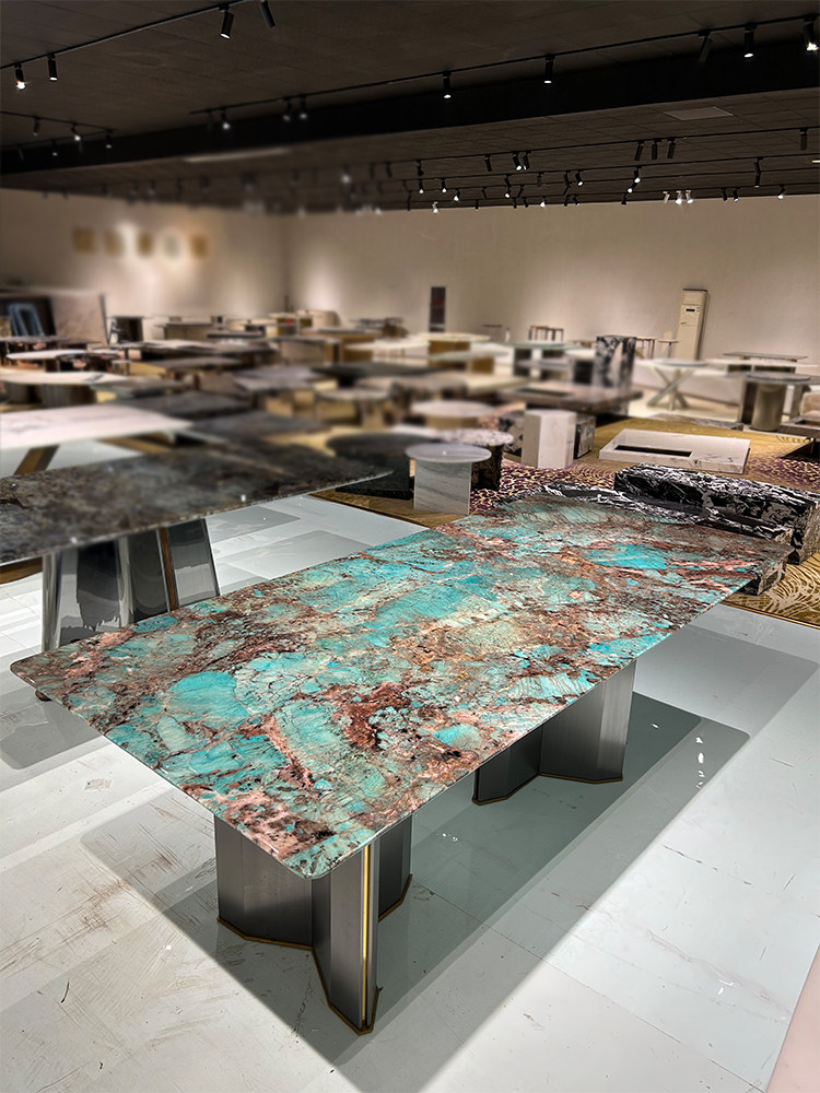 巴西进口天然大理石亚马逊绿奢石餐桌圆桌带转盘家用高端别墅定