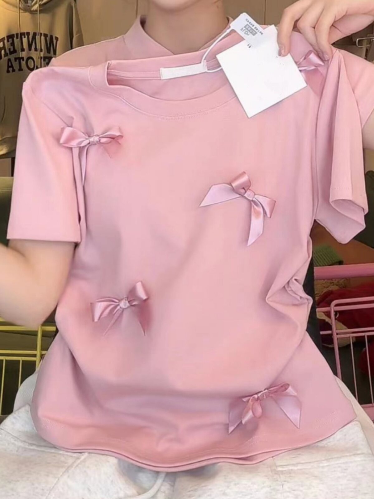 COTTON KOREA DONGDAEMUN 2024 SUMMER WOMENS NEW ROUND NECK BOW SWEET AGE REDUCTION SHORT SLEEVE T-SHIRT WOMEN