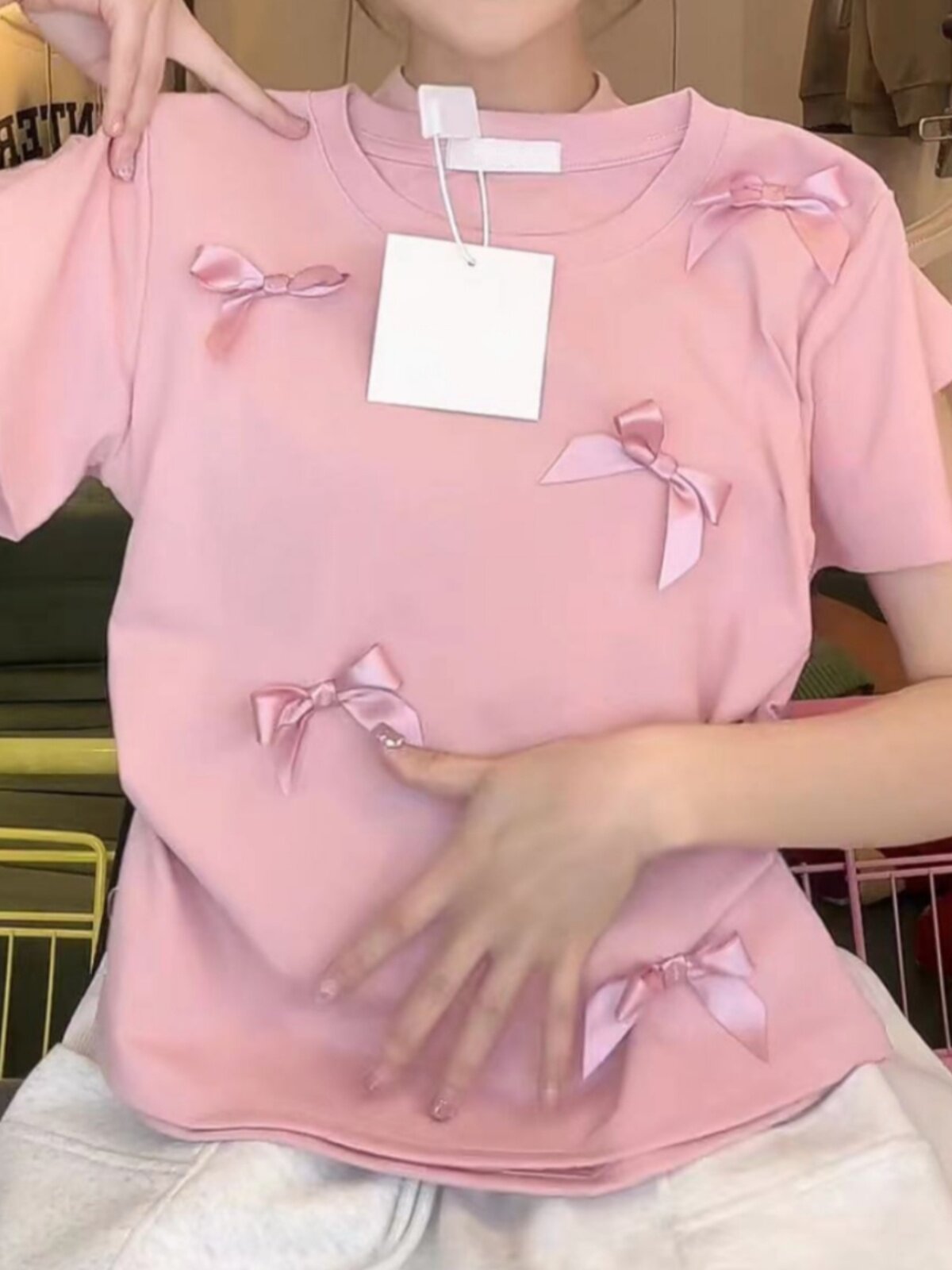 COTTON KOREA DONGDAEMUN 2024 SUMMER WOMENS NEW ROUND NECK BOW SWEET AGE REDUCTION SHORT SLEEVE T-SHIRT WOMEN