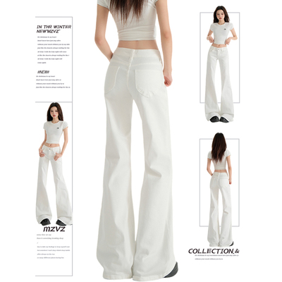 白色低腰微喇牛仔裤女