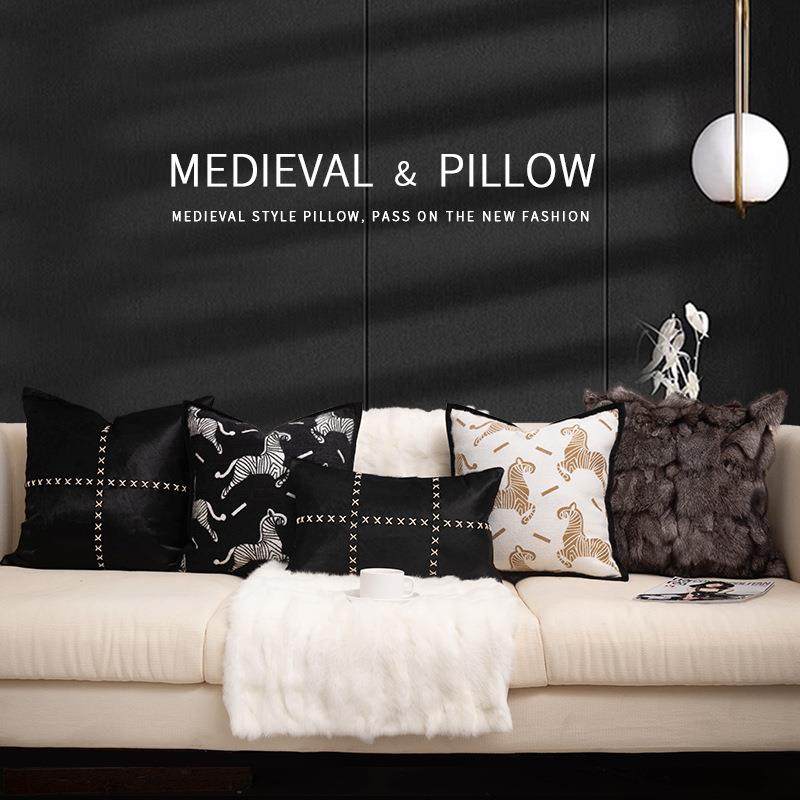 轻奢中古风黑白豹纹客厅沙发靠背腰枕高级感酒店别墅床头抱枕