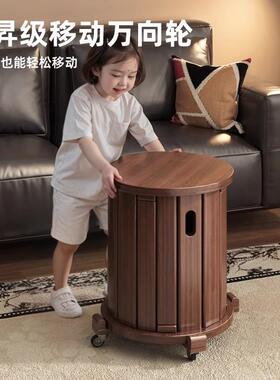 实木叠叠乐凳子家用餐桌凳可叠放客厅茶几备用凳组合滑轮移动圆凳