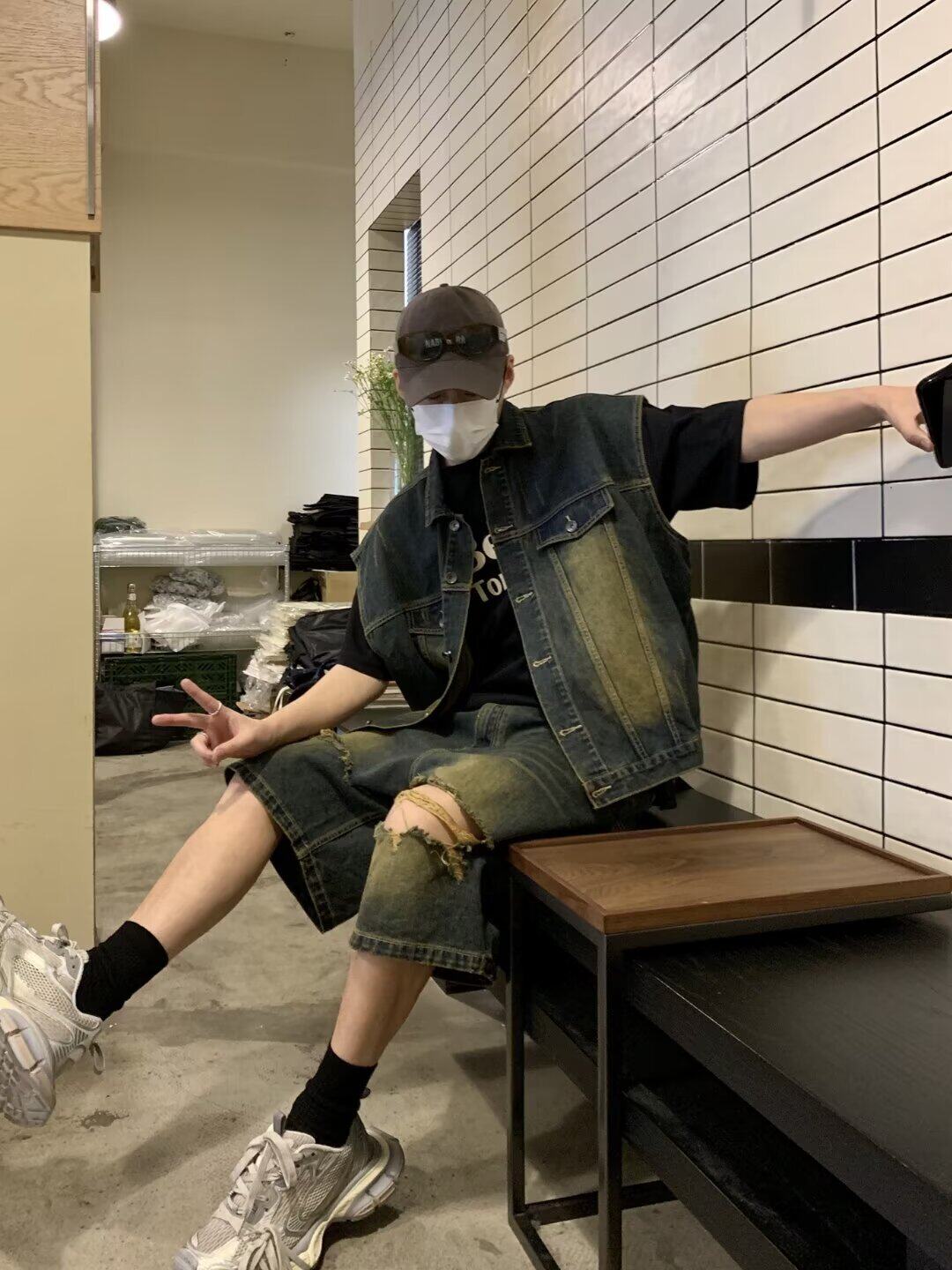 아메리칸 레트로 데님 조끼 찢어진 반바지 남녀 투피스 슈트 여름 커플 루즈 민소매 조끼 자켓