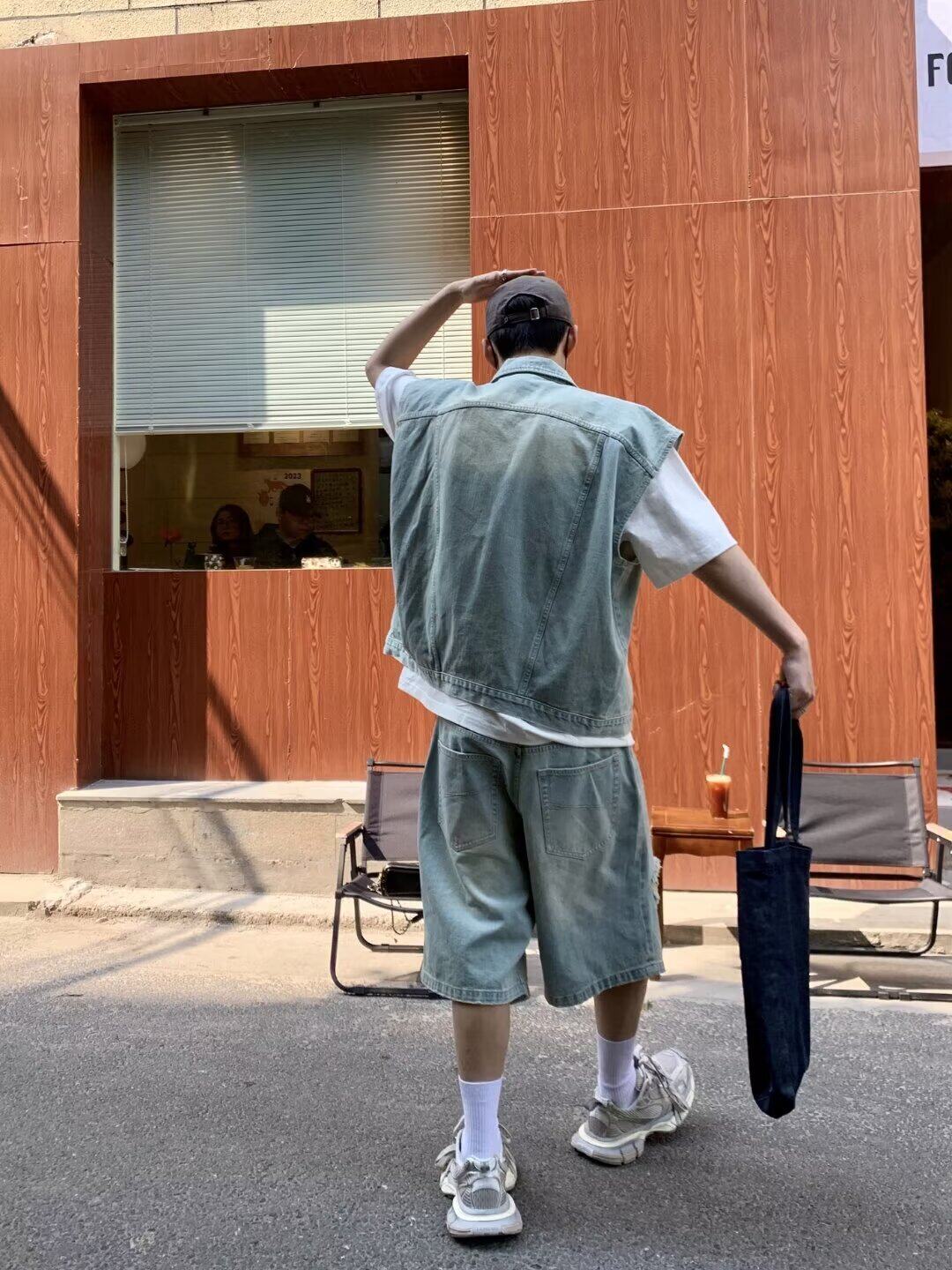 아메리칸 레트로 데님 조끼 찢어진 반바지 남녀 투피스 슈트 여름 커플 루즈 민소매 조끼 자켓