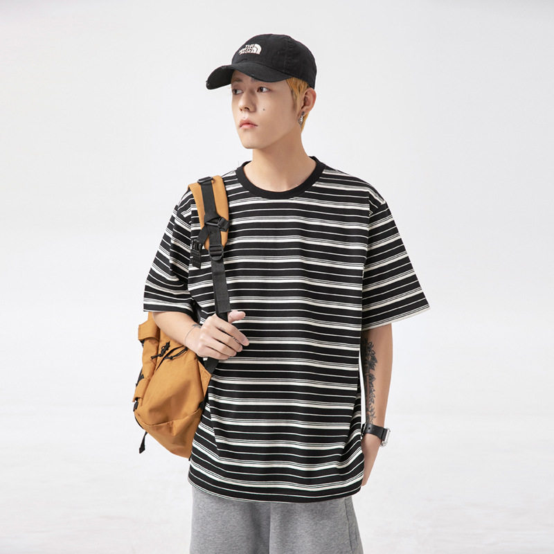 Fearless Land夏季260克彩条圆领短袖男青年复古百搭宽松条纹T恤