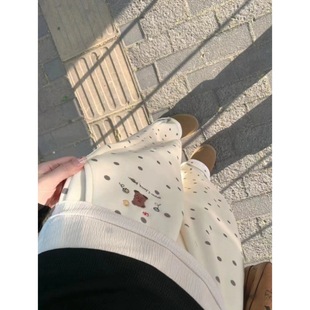 女秋冬慵懒糯米运动卫裤 150小矮个子波点小熊刺绣休闲裤 高腰阔腿