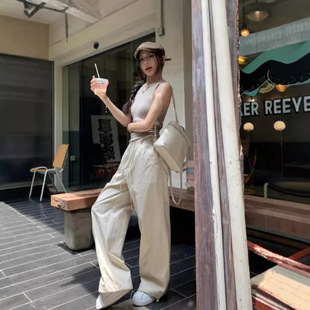 150小矮个子美式 两件套 辣妹工字背心上衣女夏高腰休闲阔腿工装 裤