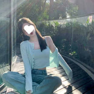 女2025春百搭显瘦上衣小个子套装 韩系甜美奶油薄荷绿针织开衫