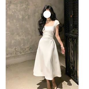 方领法式 气质礼服裙白色连衣裙女新款 收腰小众领证长裙子
