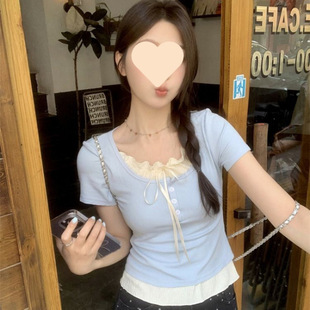 芭蕾风纯欲设计甜美正肩假两件短袖 夏季 T恤修身 女木耳边上衣短款