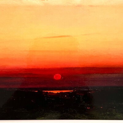 「SHUNA」夕阳沉入草原湖水前 俄罗斯浪漫诗意风景画原版贺卡