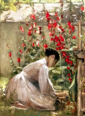 《照料花园Tending the Garden》印象派名画 德国原版明信片