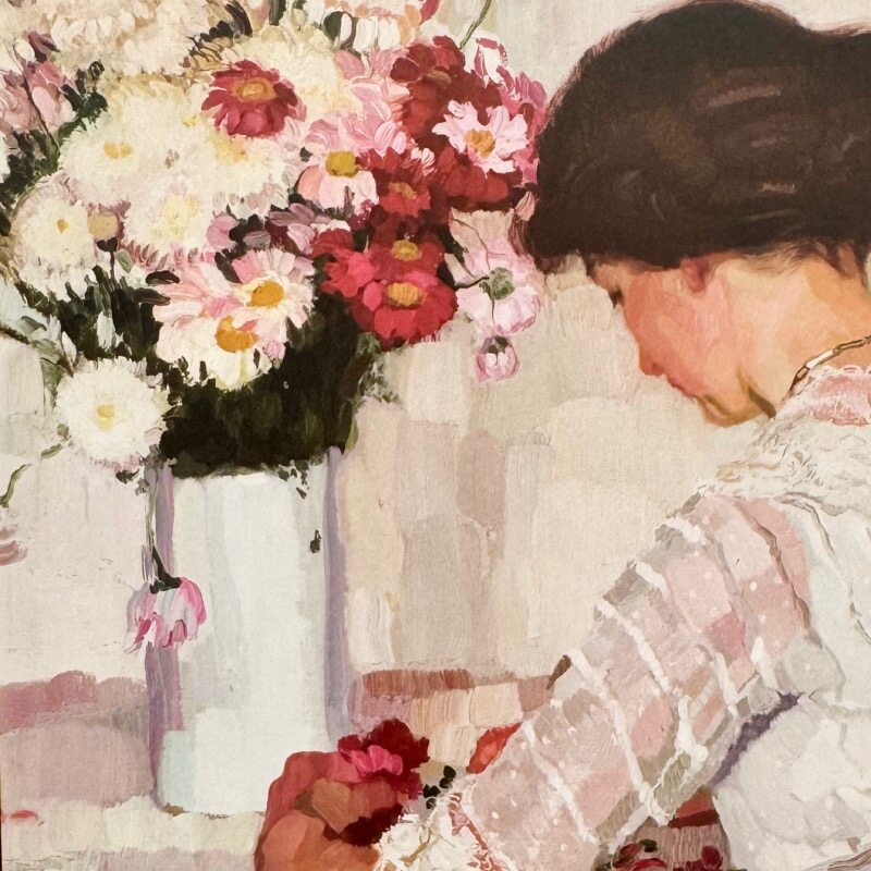 「shuna」在花瓶边想事情的白衣女子 德国原版怀旧油画明信片现货