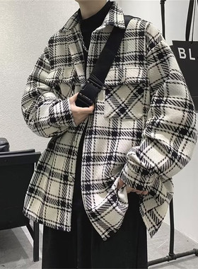 港风黑白色格子小香风外套男款高级感痞帅穿搭春季毛呢子衬衫夹克