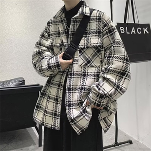 港风黑白色格子小香风外套男款高级感痞帅穿搭春季毛呢子衬衫夹克