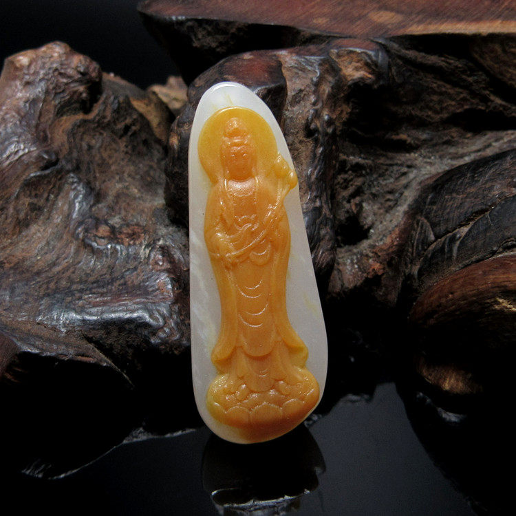 小精品 新疆和田玉金黄皮籽料苏工巧雕莲花观音挂件白玉吊坠男女