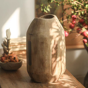 原素实木大花瓶复古客厅插花民宿侘寂风泡桐木艺术感玄关装饰摆件