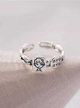 复古小王子戒指女时尚冷淡风卡通人物开口指环韩版字母锁链食指戒