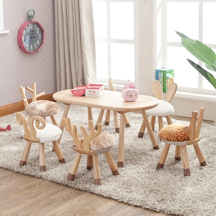 儿童实木动物椅子原木色幼儿园早教手工画画餐桌橡胶木靠背矮凳子