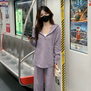 女秋整套休闲运动卫衣阔腿两件套装连帽套头上衣+休闲裤针织套装