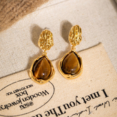 锦鲤天然虎眼石VINTAGE中古耳饰耳坠无耳洞女蚊香盘耳夹秋冬复古