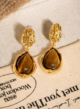 锦鲤天然虎眼石VINTAGE中古耳饰耳坠无耳洞女蚊香盘耳夹秋冬复古