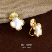 天然贝壳四叶草耳饰无耳洞女蚊香盘耳夹大牌设计轻奢通勤百搭精致