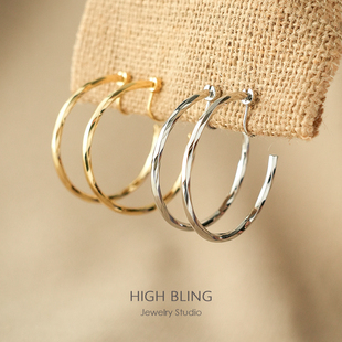 显脸小方圆脸耳环大耳圈HOOP无耳洞女可旋转蚊香盘耳夹大素圈高级