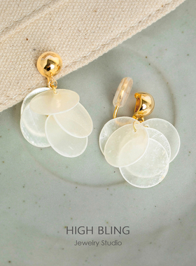 原创天然镜贝百搭度假风温柔耳饰无耳洞女蚊香盘耳夹清新长款流苏