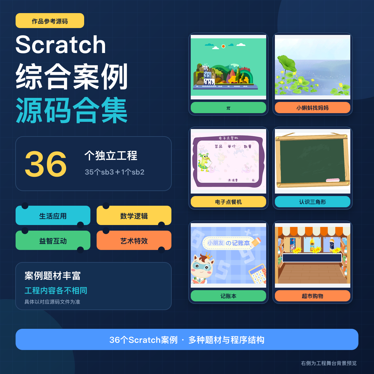 Scratch少儿编程综合案例源码合集36参考作品生活应用数学逻辑