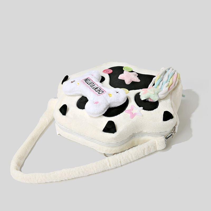 ins风双肩背包可爱软妹少女奶牛毛绒布包ulzzang百搭学生斜挎包