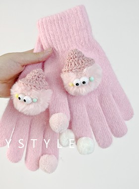 韩系ins新款毛绒球可爱冬天女手套保暖防寒冬季骑行加厚防风亲子