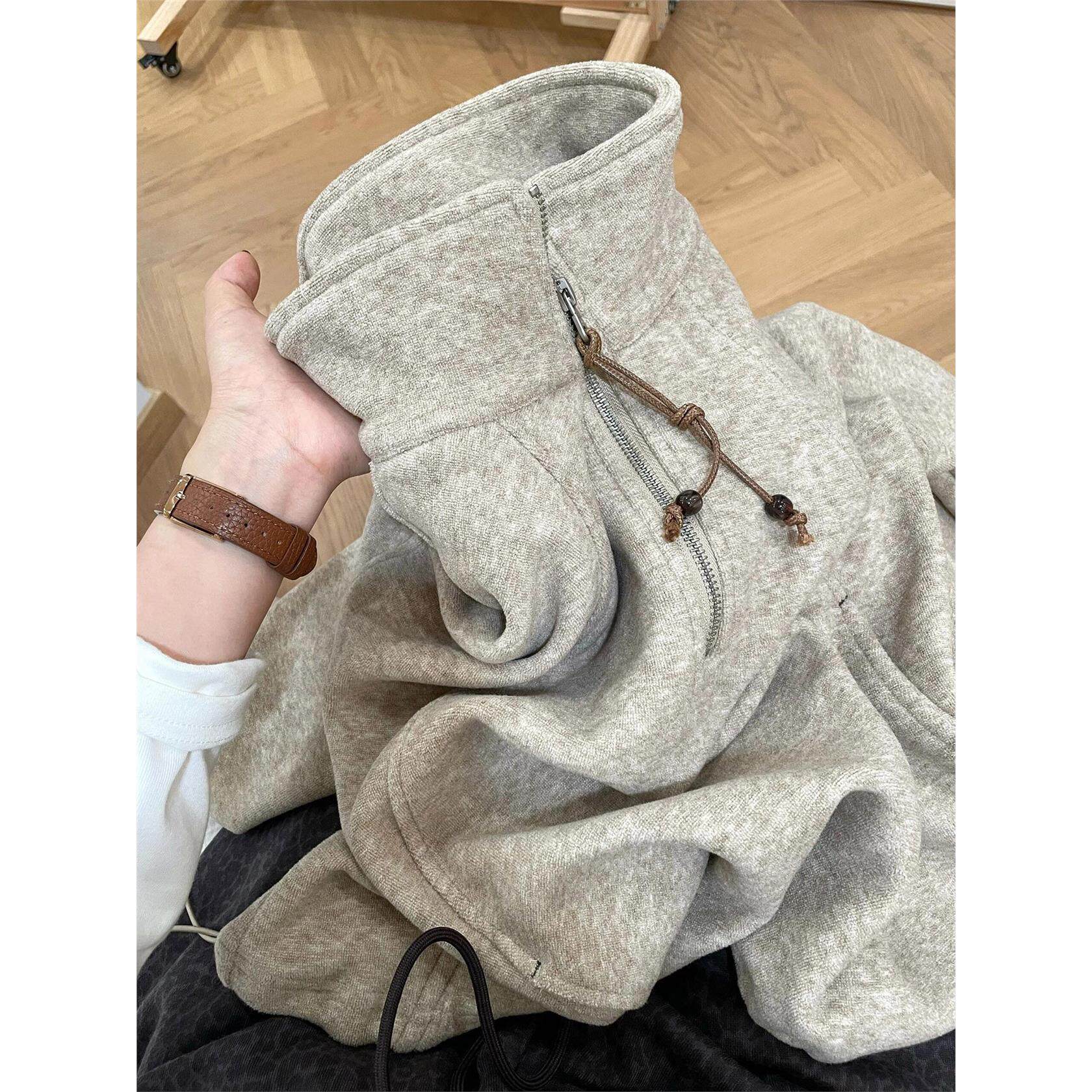 美式覆古半拉炼抽绳立领卫衣女春秋冬宽松显瘦松弛感慵懒休闲外套