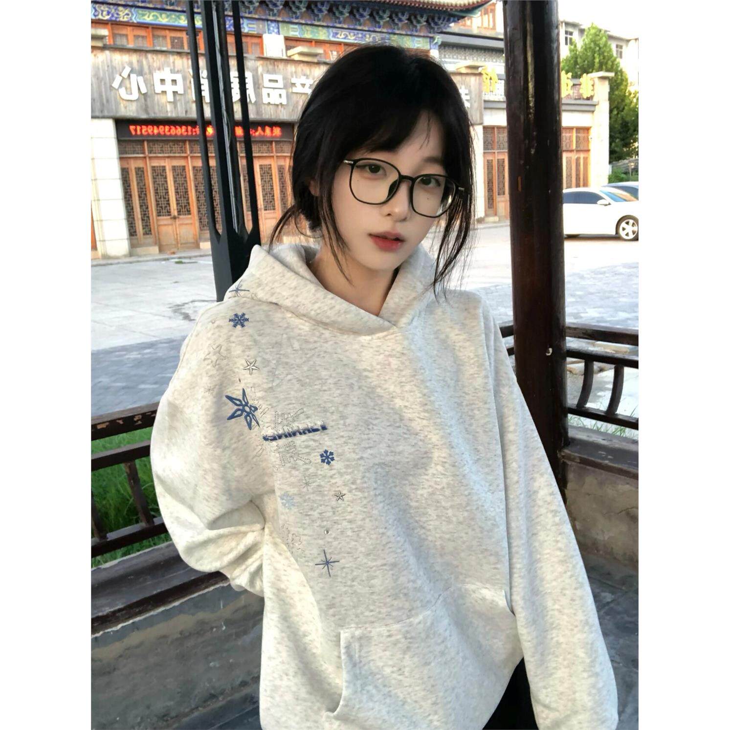 重磅纯棉雪花刺绣连帽卫衣女2025秋冬新款宽松设计感小众高街外套