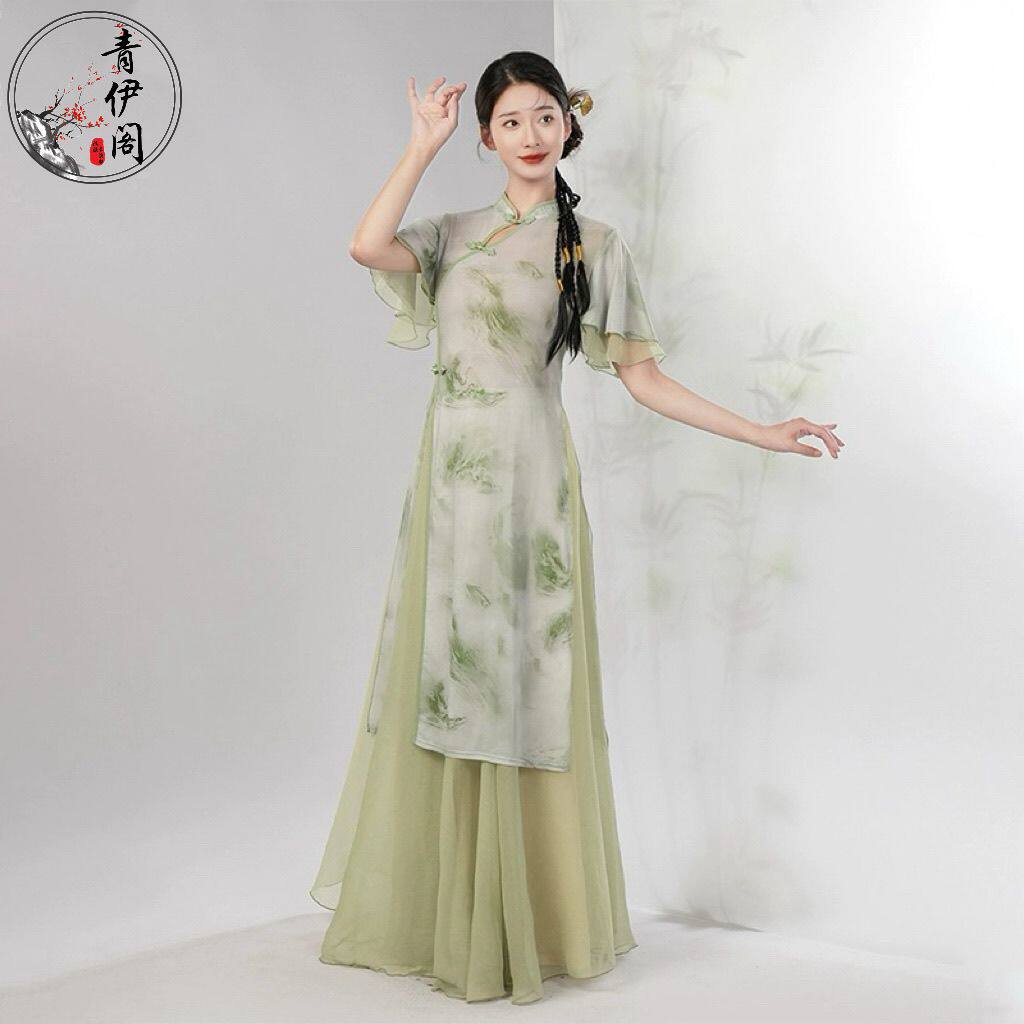 新款旗袍舞蹈服女墨染中