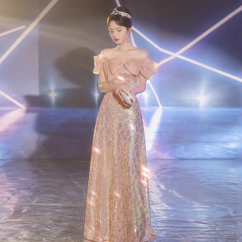 法式一字肩晚礼服女宴会
