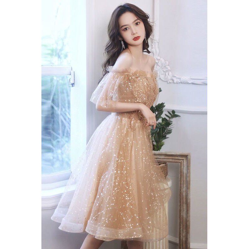 香槟色晚礼服女宴会气质修身短裙主持人演讲礼服一字肩连衣裙秋季